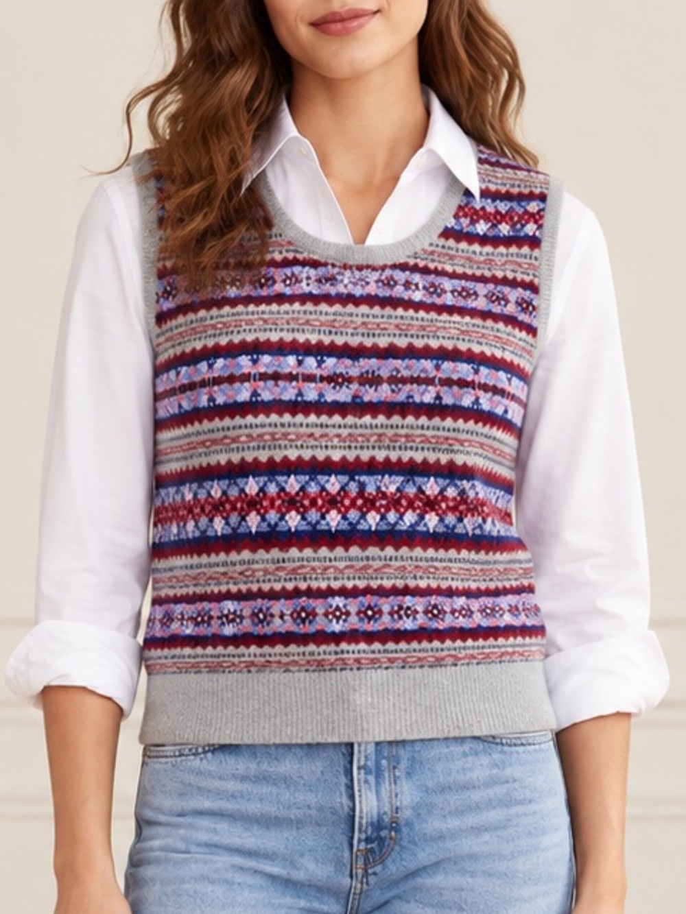 J. Crew Fair Isle Sweater Shell Size Small Gray Blue Red Boiled Wool Blend Vest